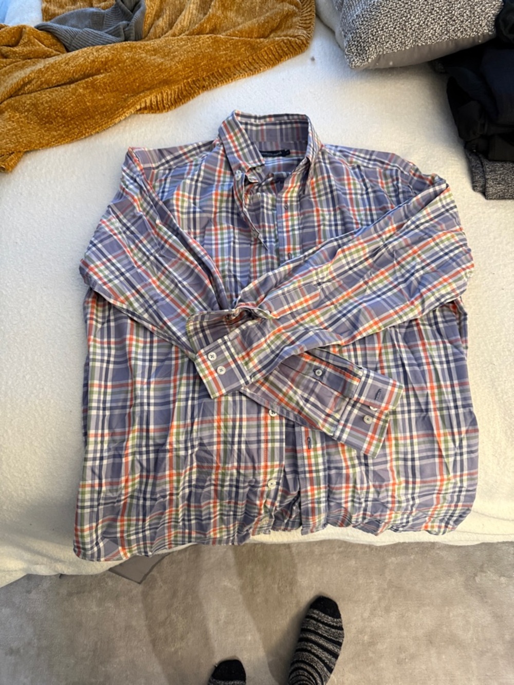 Southern Marsh Plaid Button-Down Shirt in Blue, Orange and White